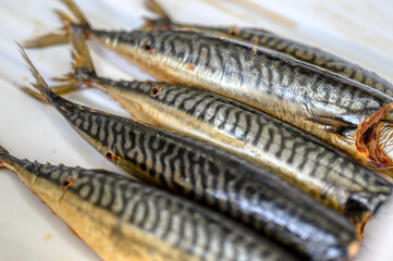 Lots of smoked mackerel carcasses. The fish lies in a heap in a white plastic box.