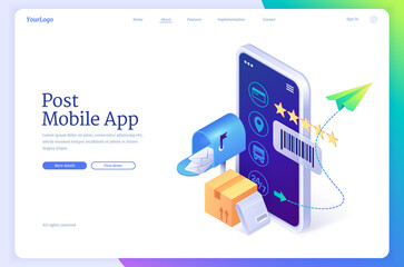 Post mobile app isometric landing page, smartphone with mail application, parcels and envelopes in box. Postal delivery, logistic and tracking control service for mobile phone, 3d vector web banner