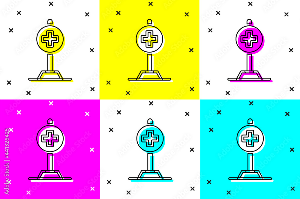 Poster set medical map pointer with cross hospital icon isolated on color background. vector
