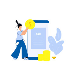 Woman pay tax online using smartphone. Taxation currency calculating