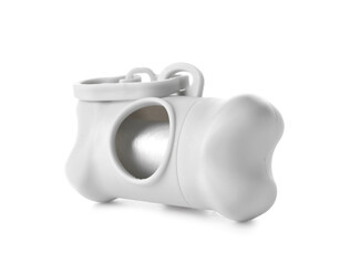 Dispenser with pet waste bags on white background