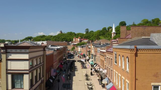 Low Aerial View of Main Street in Downtown Galena, Illinois