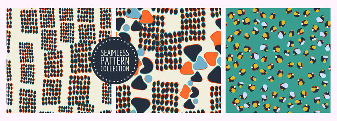 Colorful set of seamless patterns, backgrounds, headers, collages with shapes. Vector illustration