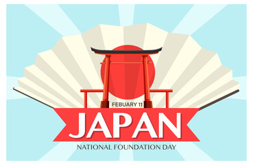 Japan National Foundation Day banner with Japanese fan and blue rays background