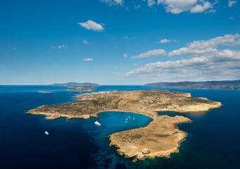 Aerial view of Pori bay on the north east coast of the Greek island of Pano Koufonisia in the archipelago of the Small Cyclades