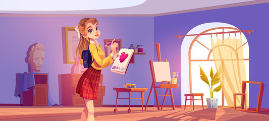 Art school cartoon illustration. Artist girl at easel paint flower. Painter young woman in teenage clothes holding pencil and sketchbook with rose blossom sketch. Workshop studio class vector interior