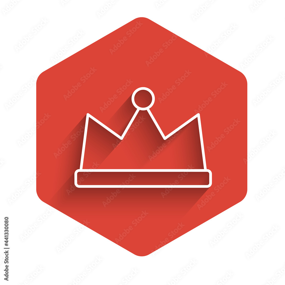 Poster white line crown icon isolated with long shadow. red hexagon button. vector