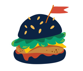 Burger on black bun. Black burger with cutlet, cheese, tomato, lettuce and a flag. Flat design for menu cafe, restaurant, poster, sticker. Hamburger. Vector flat illustration.