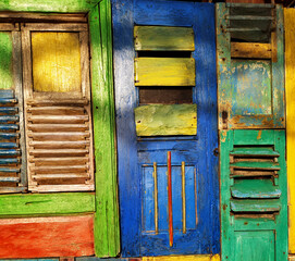 old windows arranged for decoration 