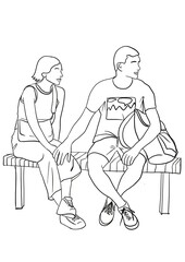 Yong couple sittings on a bench. Girl and boy with bags holding hands. One line art illustration. 