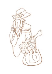 illustration of a Beautiful girl young is standing with her back with flowers and lipstick illustration. One line drawing. Portrait minimalist style.