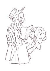 Beautiful young woman is standing with her back with flowers and lipstick illustration. One line drawing. Portrait minimalist style. Beauty salon logo. Fashion print. 
