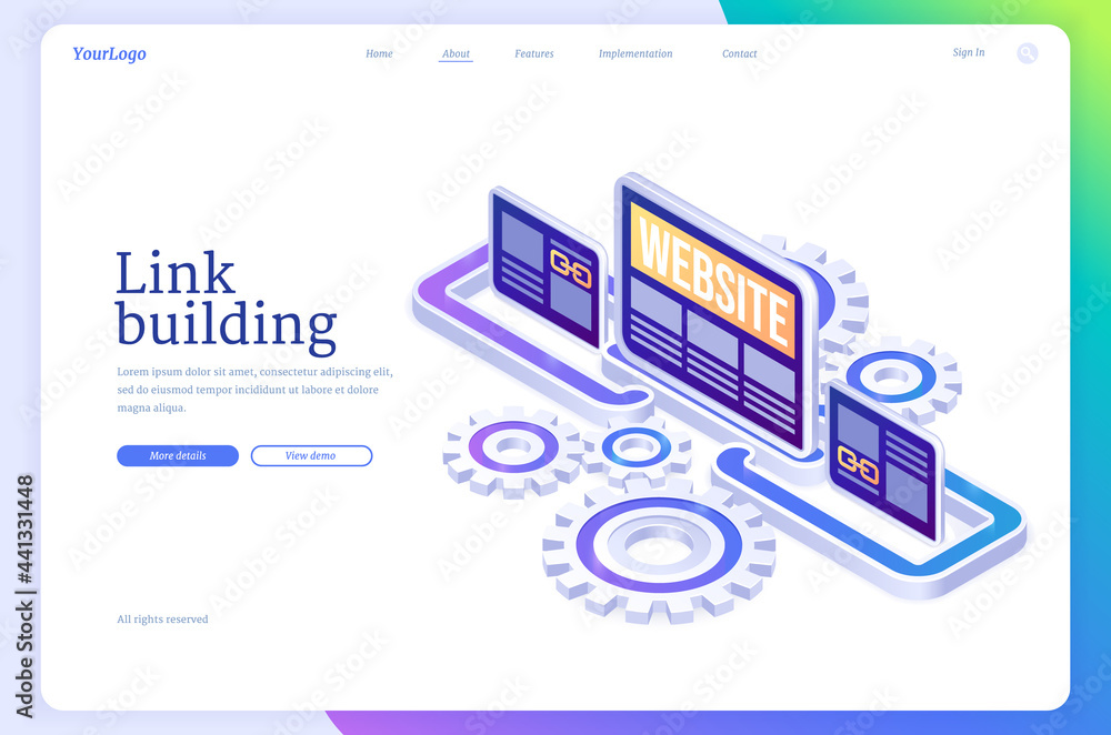 Poster link building isometric landing page. search engine optimization, seo effective method. hyperlink co