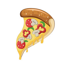 A slice of cheesy pepper pizza with mushrooms and sausage.  Icon Italian pizza. Isolated on a white background. 
Vector illustration