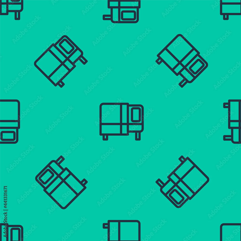 Sticker blue line bed icon isolated seamless pattern on green background. vector