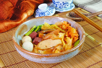 Yen Ta Fo (Yong Thea fu, Yong Tau foo) or Pink Noodle Soup, famous Hakka Chinese cuisine 