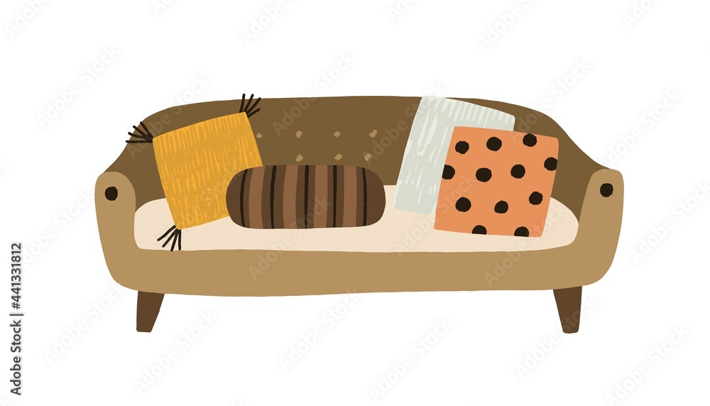 Poster cozy modern sofa with cushions in retro style. front view of trendy couch and pillows. divan with up