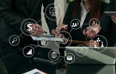 Business strategy investment concept Two businessman confident and discussing at office with icons...