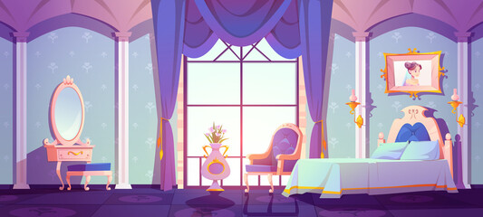 Princess royal bedroom, vintage room interior with elegant retro furniture, bed, cupboard, floral pattern wallpaper decor. Cartoon vector illustration - obrazy, fototapety, plakaty