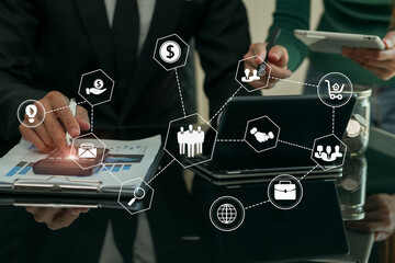 Business strategy investment concept Two businessman confident and discussing at office with icons business