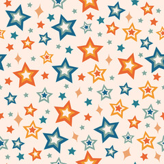 1970's retro hippie seamless vector pattern. Seventies style repeat texture design with orange, blue and teal star shape illustrations on neutral beige background. Colourful, funky, cool 70's print