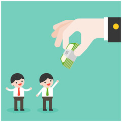 Businessman receive bundle money from big hand, Free Vector