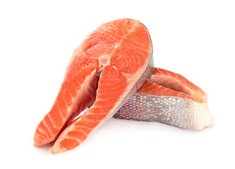 salmon, trout, steak, slice of fresh raw fish, isolated on white background