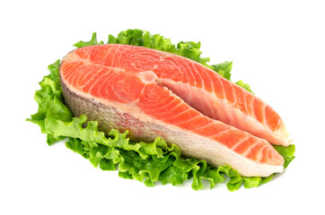 salmon, trout, steak, slice of fresh raw fish, isolated on white background