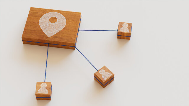 Location Technology Concept with map pin Symbol on a Wooden Block. User Network Connections are Represented with Blue string. White background. 3D Render.