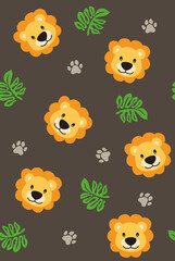 Seamless pattern for childrens with lion, leaf and footsteps on dark background