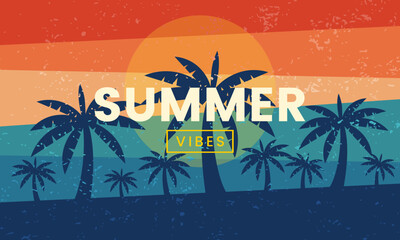 Retro summer vibes banner. Abstract silhouette palm and beach background