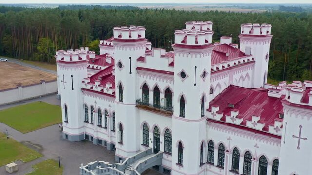 Aerial view of the very beatiful historical palace in the town Kossovo in Belarus. Traveler concept. Medieval palace.