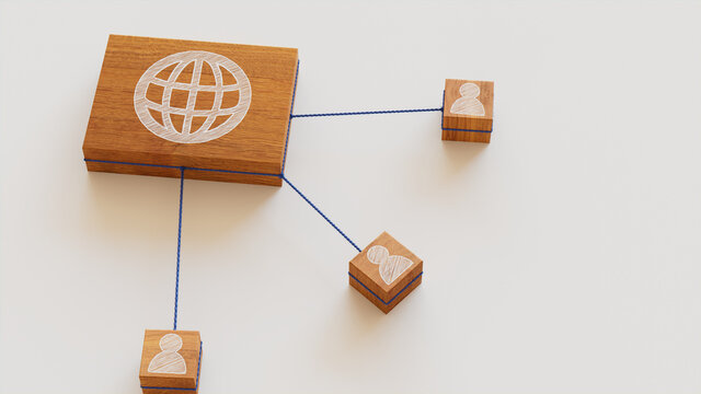 Internet Technology Concept with web Symbol on a Wooden Block. User Network Connections are Represented with Blue string. White background. 3D Render.