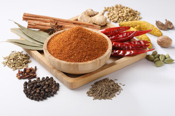 Indian garam masala powder and whole ingredients spices for curry