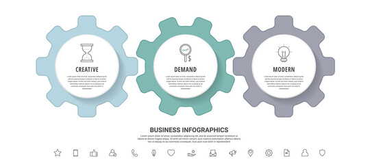 Infographic gears with 3 steps. Modern vector timeline with cogwheels for business concept, chart, diagram, web, banner, presentations, flowchart, levels
