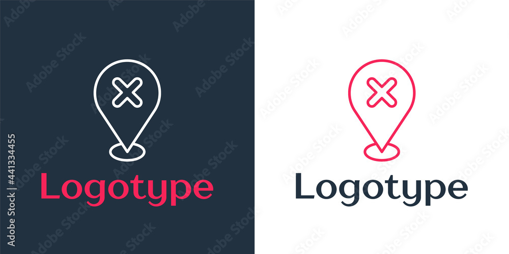 Poster logotype line map pin with cross mark icon isolated on white background. navigation, pointer, locati