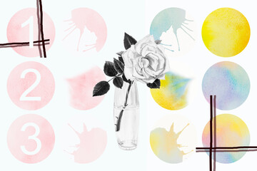 Bright watercolor painting of roses in vase pink brush ink, splash stroke stain circle.