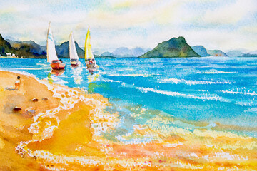 Colorful watercolor paintings with boat, sail on sea.