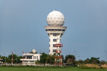 Aeronautical meteorological observations station tower with spherical radar antenna..Control tower...