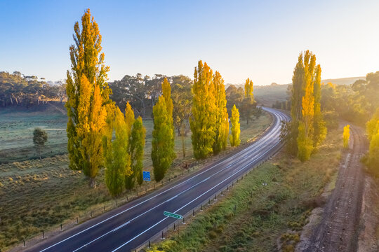 Aerial view of a country road winding through autumn trees