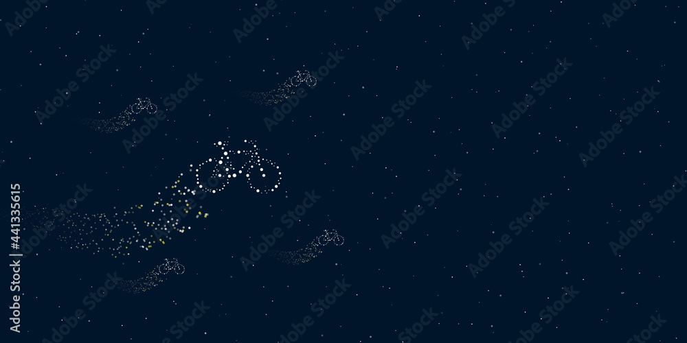 Poster a bicycle symbol filled with dots flies through the stars leaving a trail behind. four small symbols
