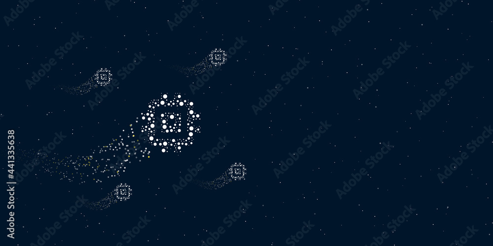 Poster a chip symbol filled with dots flies through the stars leaving a trail behind. four small symbols ar
