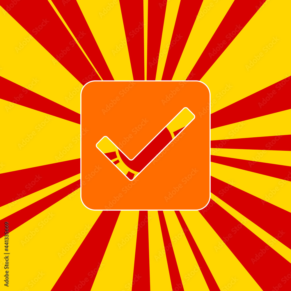 Poster checkbox symbol on a background of red flash explosion radial lines. the large orange symbol is loca