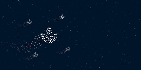 Fototapeta na wymiar A water lily symbol filled with dots flies through the stars leaving a trail behind. There are four small symbols around. Vector illustration on dark blue background with stars