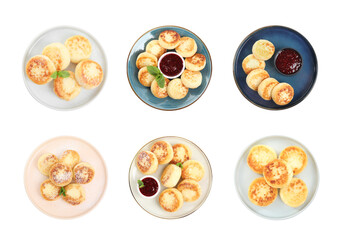 Set with delicious cottage cheese pancakes on white background, top view