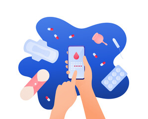 Female periods concept. Vector flat illustration. Female hands hold smart phone with calendar and blood drop on screen. Menstruation cup, pads, painreliever symbol. Design for health care, business