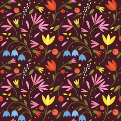 Cute seamless pattern with colorful small flowers. Small flowers on Dark background