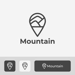 modern mountain logo with line art style location pin combination, suitable for nature explorers