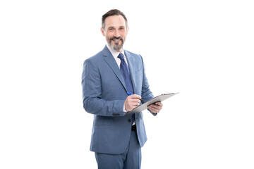 cheerful businessman hold folder. business expertise. successful man making notes.