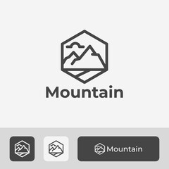 line art style mountain logo with hexagon frame, simple and minimal design